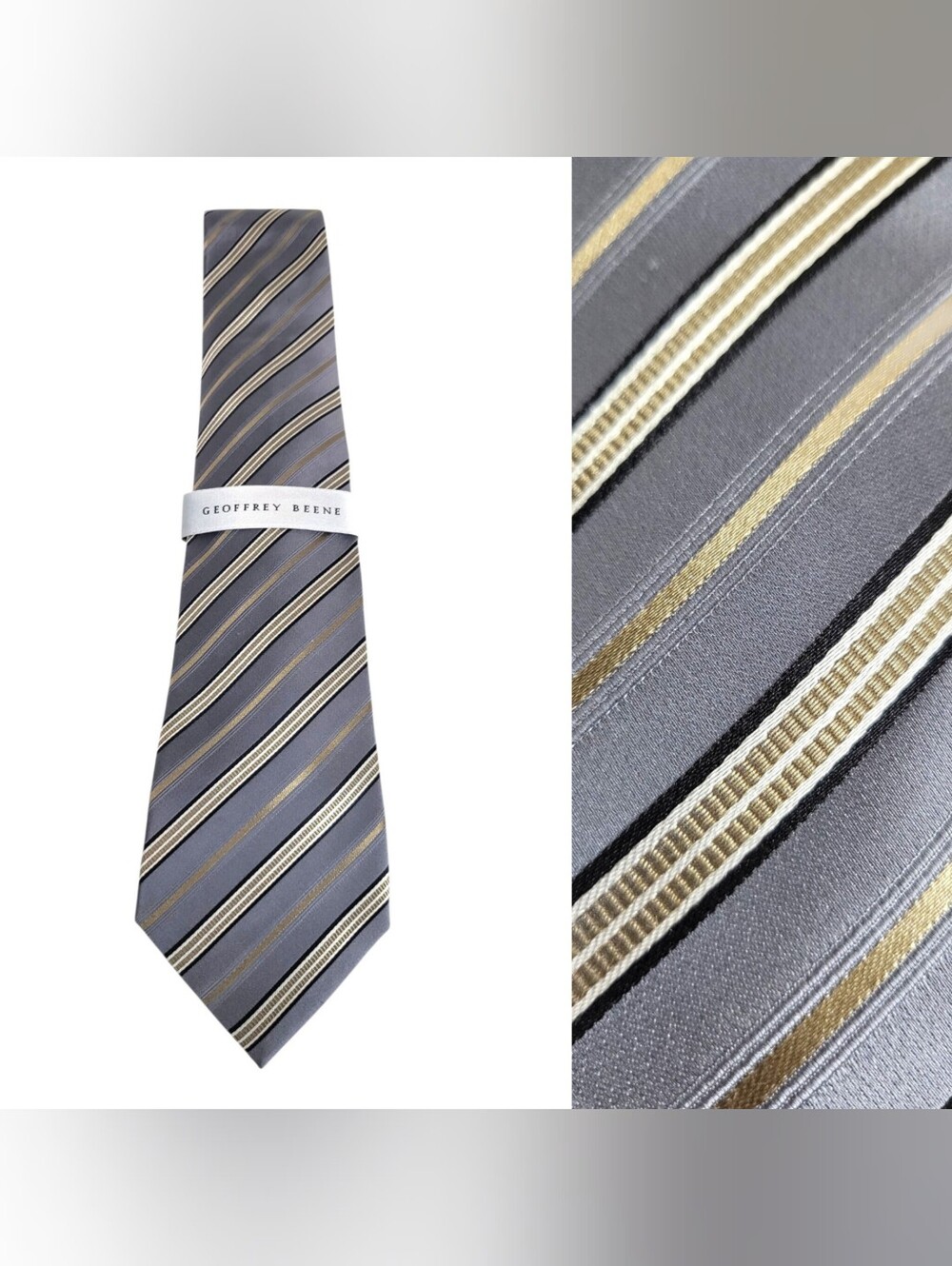 Geoffrey Beene 100% Silk Necktie Grey Gold Striped Formal Business Tie OS NWT